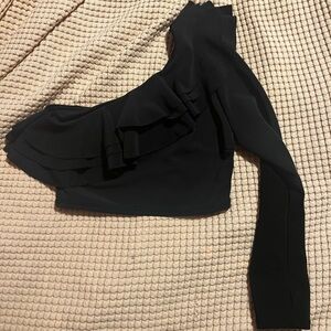 Zara Ruffled Elegant Black One-Shoulder Crop Top